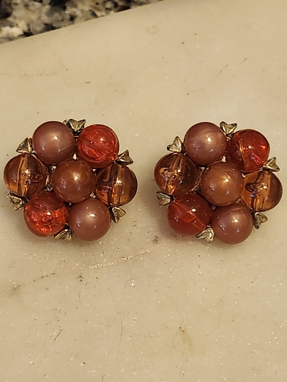 Vintage Cluster Bead Clip On Earrings in Warm Amber and Peach - Kramer